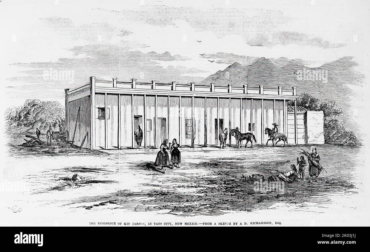 The residence of Kit Carson, in Taos City, New Mexico (1860). 19th century illustration from Frank Leslie's Illustrated Newspaper Stock Photo