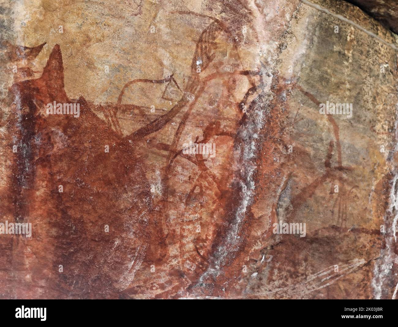 175 Australian Aboriginal rock art Mimi spirits and fish painting. Ubirr site-Kakadu-Northern Territory. Stock Photo