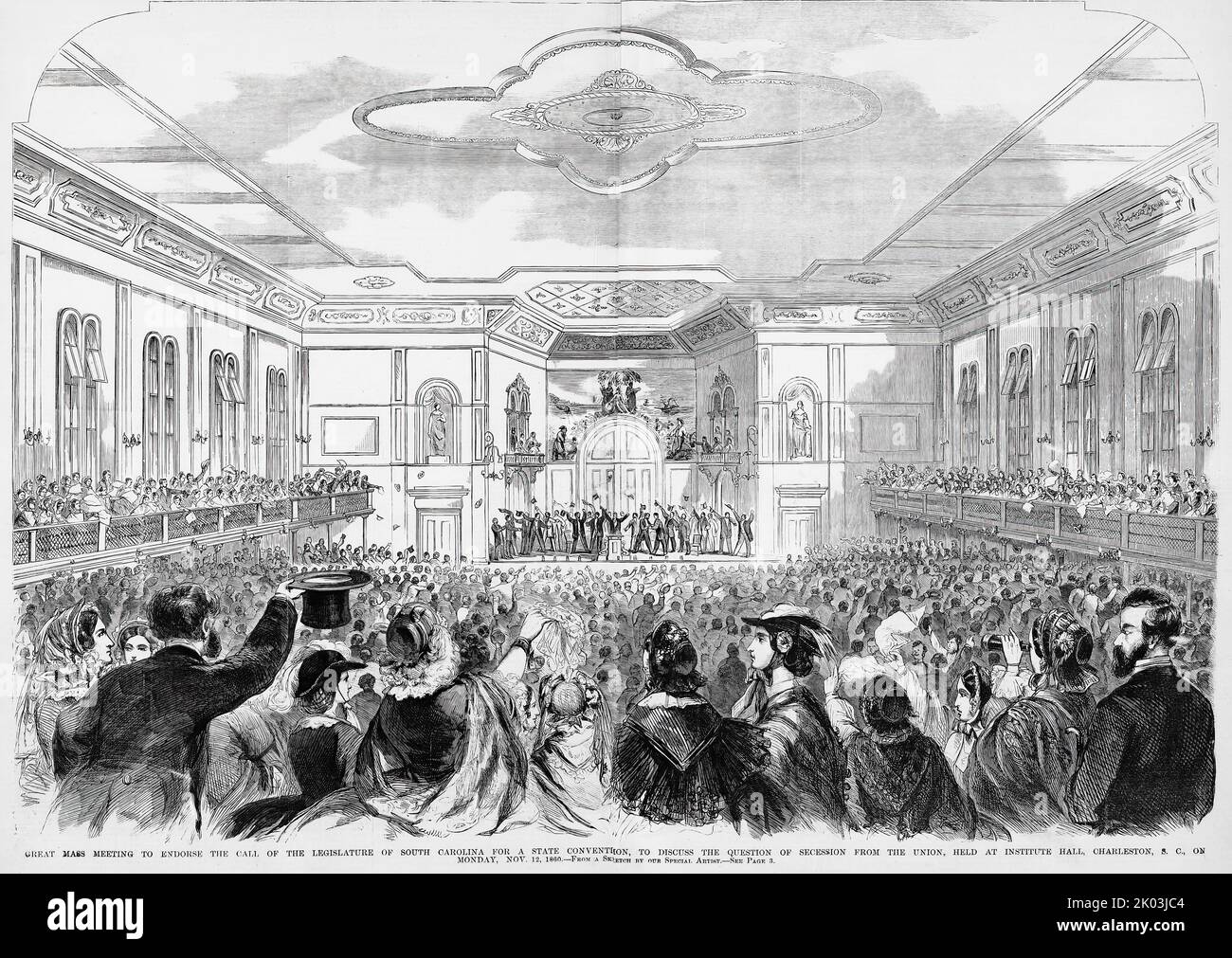 Great mass meeting to endorse the call of the legislature of South Carolina for a state convention, to discuss the question of secession from the Union, held at Institute Hall, Charleston, South Carolina, November 12th, 1860. 19th century American Civil War illustration from Frank Leslie's Illustrated Newspaper Stock Photo