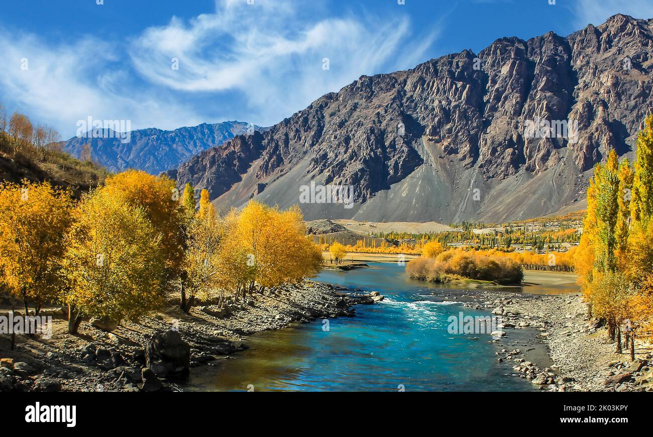 Colorful autumn theme in the Phandar valley of Gilgit-Baltistan region of Pakistan Stock Photo