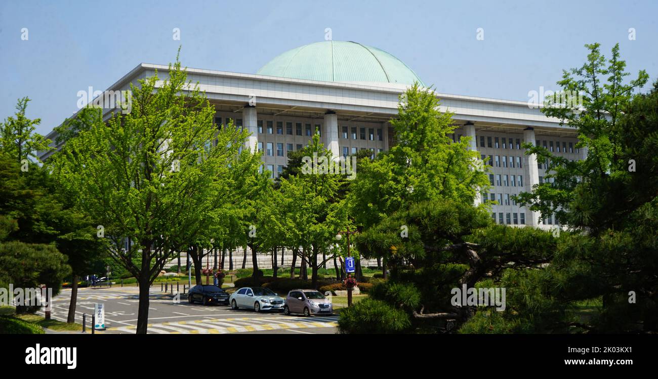 The National Assembly Proceeding Hall (Gukhoe-uisadang) is the South Korean capitol building. It serves as the location of the National Assembly of the Republic of Korea, the legislative branch of the South Korean national government. It is located at Yeouido-dong, Yeongdeungpo-gu, Seoul. Stock Photo