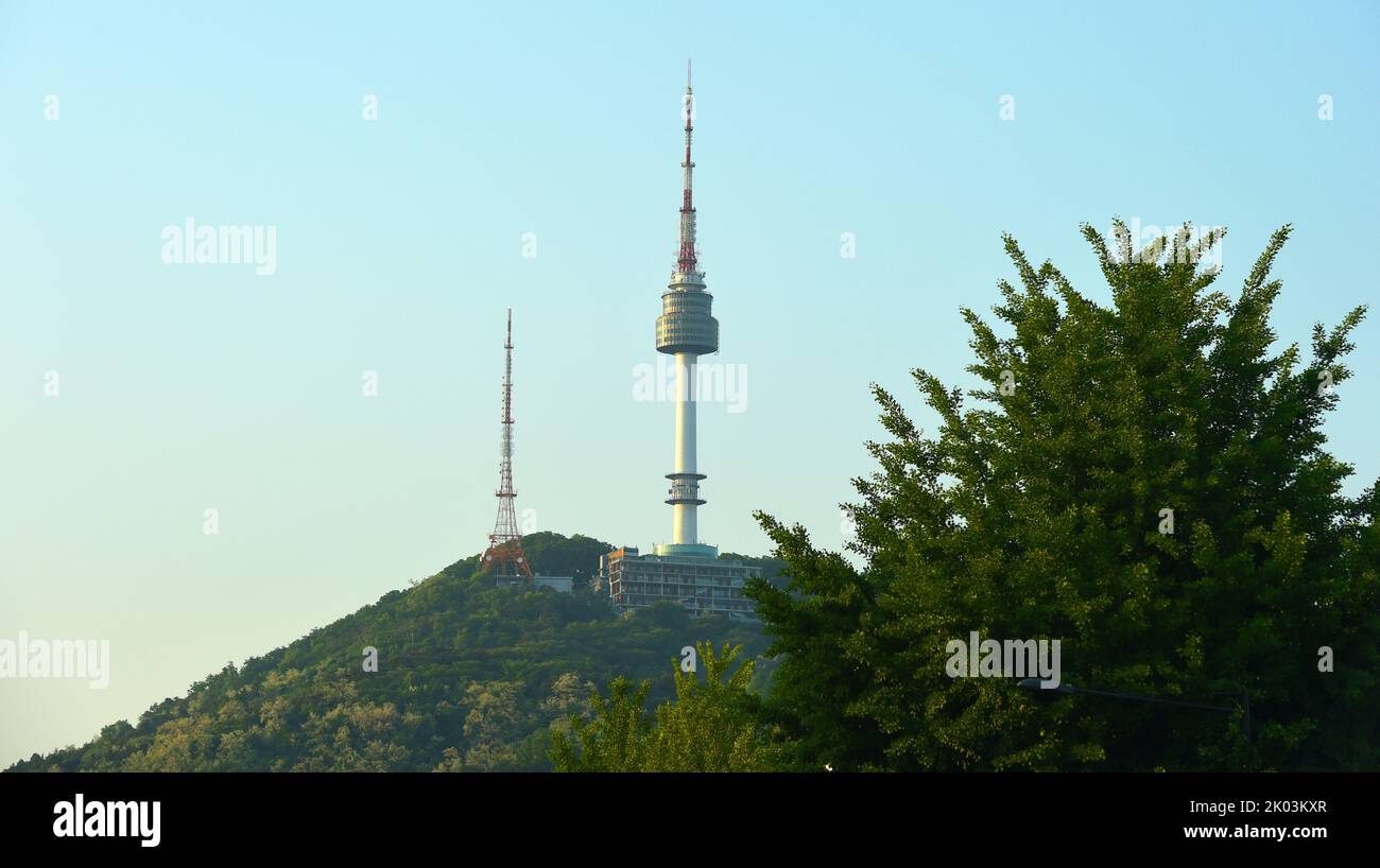 The N Seoul Tower officially the YTN Seoul Tower and commonly known as Namsan Tower or Seoul Tower, is a large tower in South Korea. It is part of Seoul. The country can be viewed from the tower, making it a tourist attraction. It is 479.7 metres (1,574 ft) tall. It has cafes and observatories in it. Stock Photo