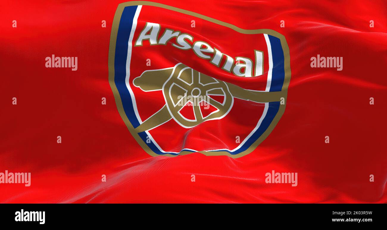 London, UK, May 2022: The flag of Arsenal Football Club waving. Arsenal is a professional football club based in Islington, London, England. Stock Photo