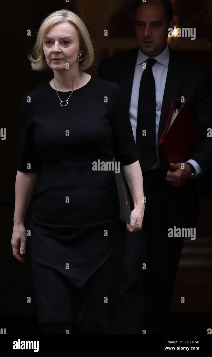 British Prime Minister Liz Truss leaves No.10 Downing St to go to the Houses of Parliament to meet fellow MP's in honour of Her Majesty Queen Elizabeth II who died yesterday at her home in Balmoral, Scotland on Friday, September 09, 2022. Queen Elizabeth II died at the age of 96 surrounded by her close family after serving the United Kingdom and the Commonwealth as Monarch for seventy years. King Charles III arrived from Balmoral at Buckingham Palace to great applause and singing from the crowds of well-wishers. Photo by Hugo Philpott/UPI Stock Photo