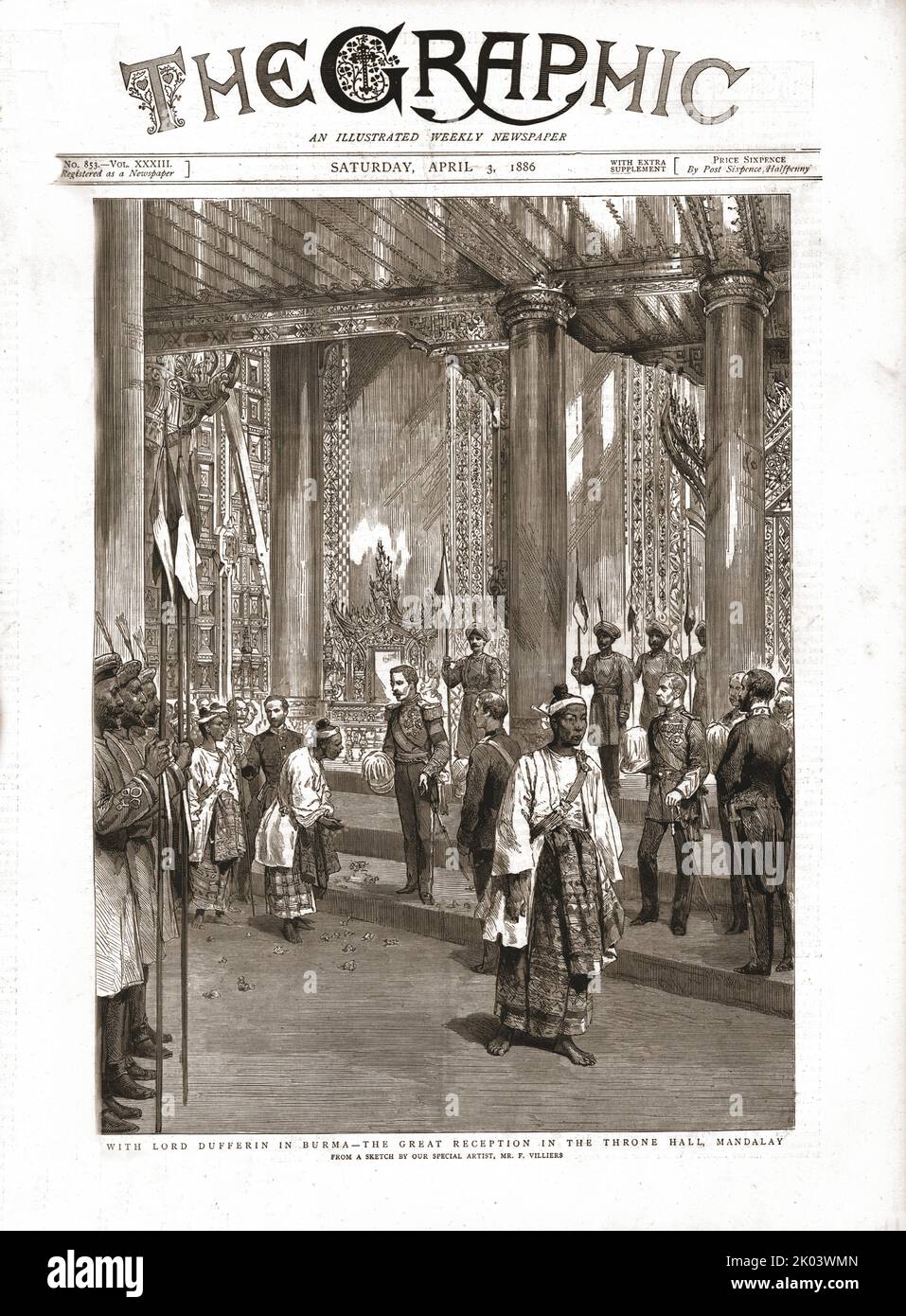 'The Graphic, Front Cover April 3. 1886', 1886. With Lord Dufferin in Burma - the great reception at the throne hall, Mandalay. From &quot;The Graphic. An Illustrated Weekly Newspaper Volume 33. January to June, 1886&quot;. Stock Photo