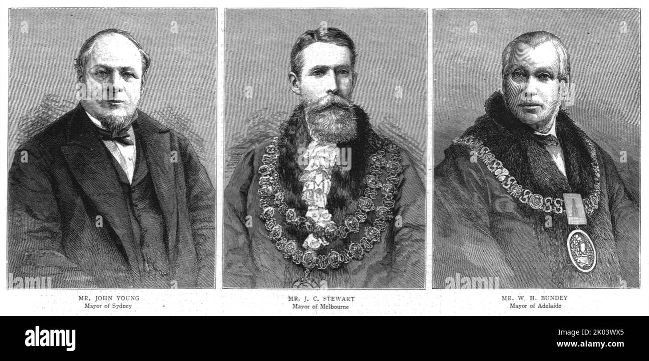 'Our Colonial Empire - Three Australian Mayors', 1886. From &quot;The Graphic. An Illustrated Weekly Newspaper Volume 33. January to June, 1886&quot; Stock Photo
