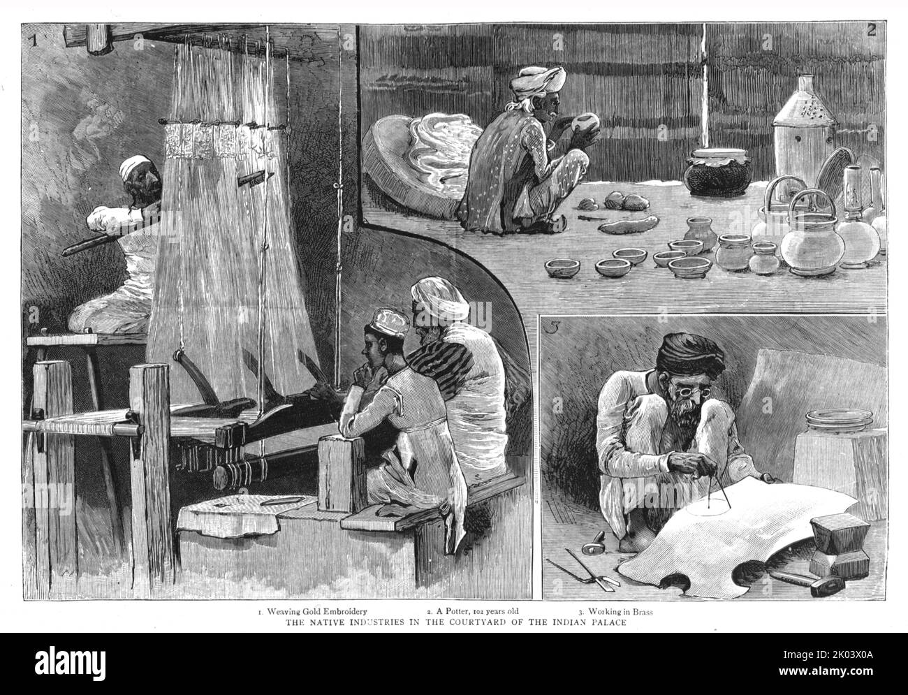 ''The Colonial Exhibition, Indian section, the native industries in the courtyard of the Indian Palace', 1886. From &quot;The Graphic. An Illustrated Weekly Newspaper Volume 33. January to June, 1886&quot; Stock Photo