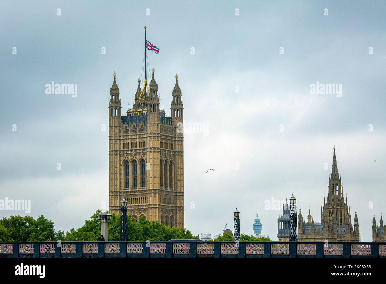 London UK. 9 September 2022. Flags remain at half-mast in Westminster after the announcement of the death of Elizabeth II, Queen of United Kingdom, who died on Thursday evening at Balmoral Castle. Photo: Horst A. Friedrichs Alamy Live News Stock Photo