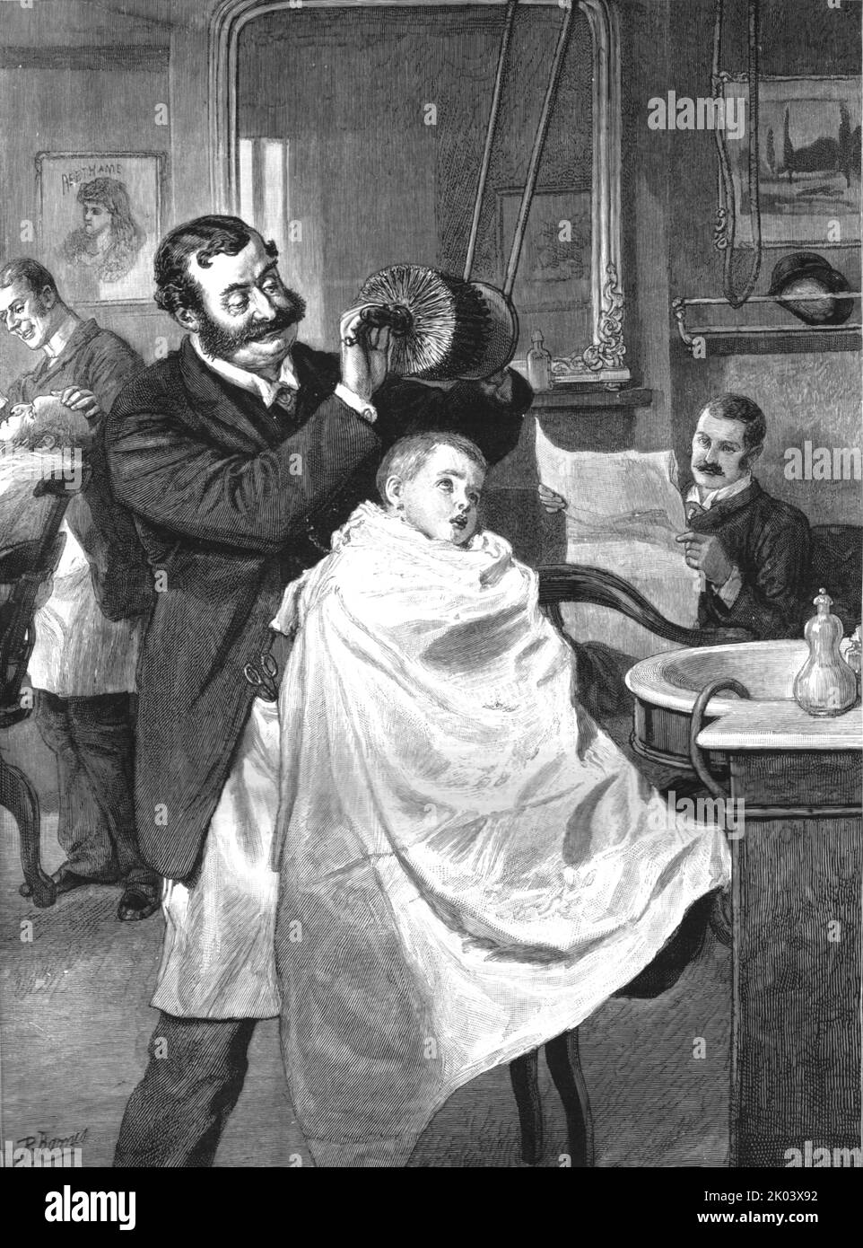 'His First Visit to the Barber's--'Hard or Medium, Sir?' ', 1890. From &quot;The Graphic. An Illustrated Weekly Newspaper&quot;, Volume 41. January to June, 1890. Stock Photo