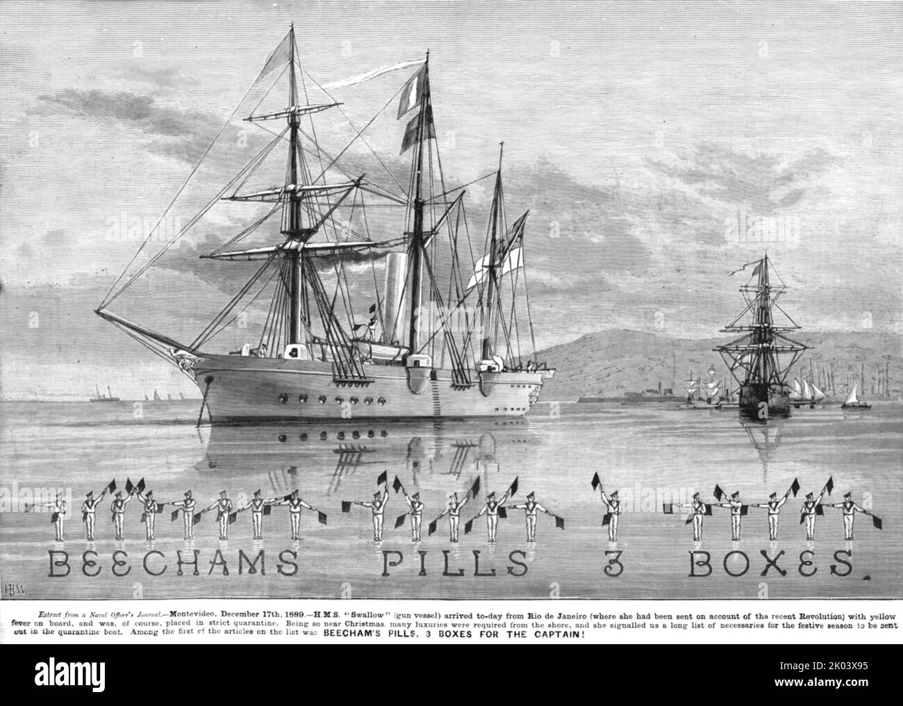 ''BEECHAMS PILLS 3 BOXES' for the Captain; H.M.S.Swallow at Montevideo December 17th 1889', 1890. From &quot;The Graphic. An Illustrated Weekly Newspaper&quot;, Volume 41. January to June, 1890. Stock Photo