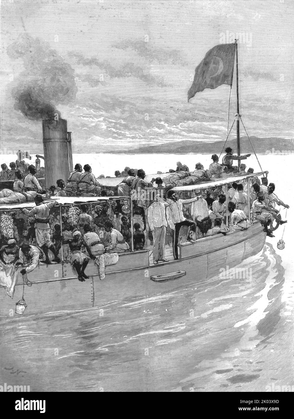'The Graphic' Stanley Number; Emin Pasha on board the steamer 'Khedive' crossing the Albert Nyanza to join Mr. Stanley, 1888', 1890. From &quot;The Graphic. An Illustrated Weekly Newspaper&quot;, Volume 41. January to June, 1890. Stock Photo