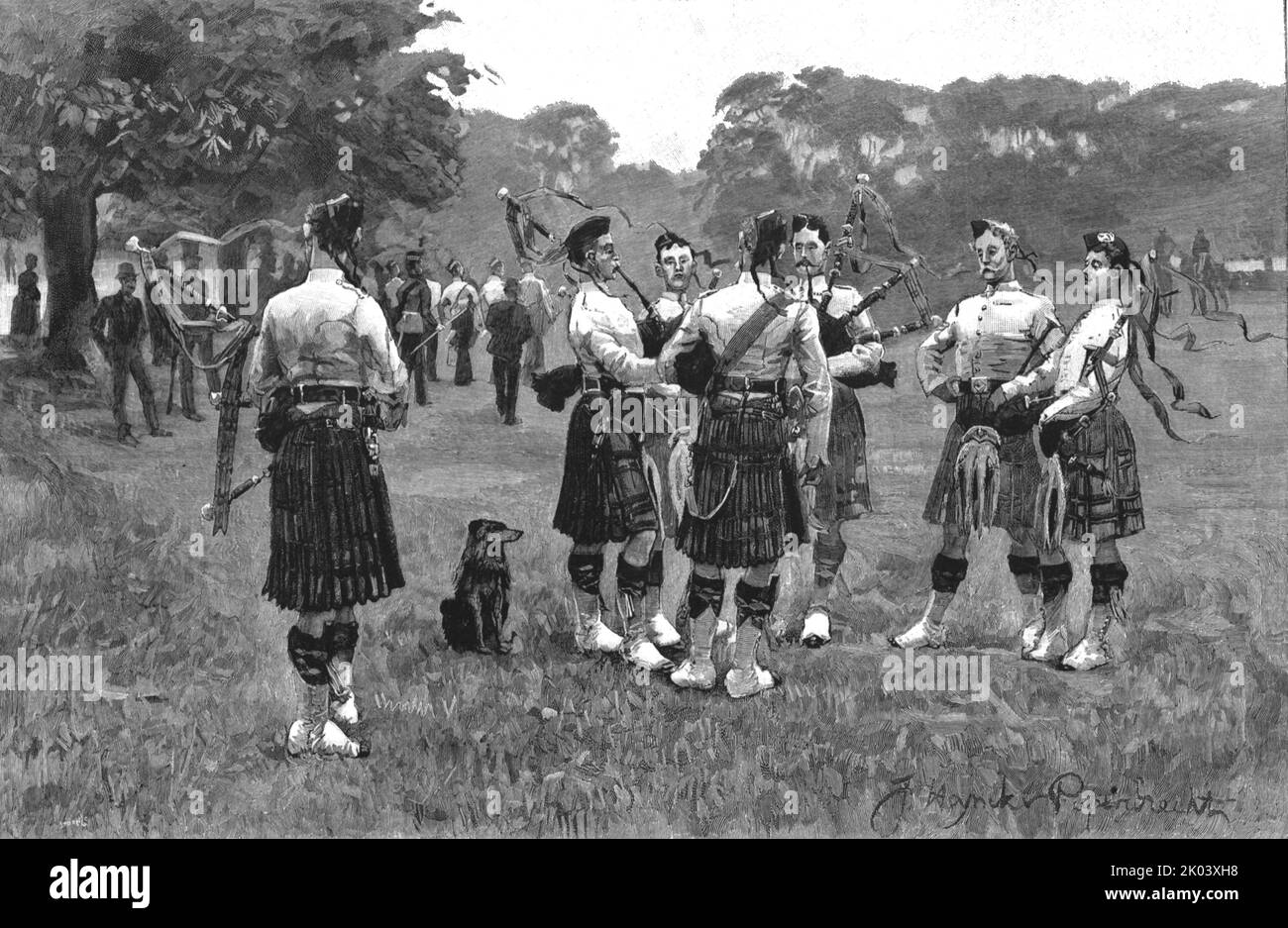 'Highland Pipers Practising in Hyde Park', 1890. From &quot;The Graphic. An Illustrated Weekly Newspaper&quot;, Volume 41. January to June, 1890. Stock Photo