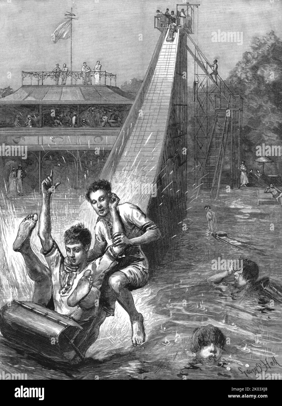'Water - Tobogganing- A novel Amusement; after Sydney P. Hall', 1890. From &quot;The Graphic. An Illustrated Weekly Newspaper&quot;, Volume 41. January to June, 1890. Stock Photo