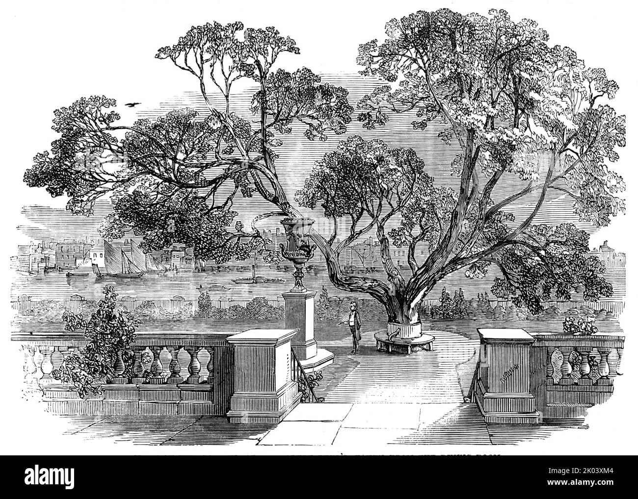 View of the Garden, at Sir Robert Peel's, taken from the Dining-Room, 1850. View of '...the Lawn, in the rear of the mansion, the garden of which extends to the Thames'. British prime minister Robert Peel owned a house at No. 4 Whitehall Gardens in London. From &quot;Illustrated London News&quot;, 1850. Stock Photo