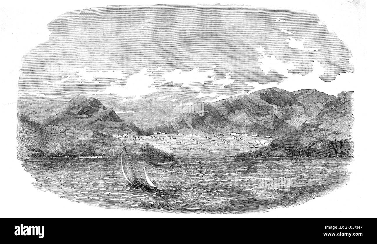 The English and French Camps in the Piraeus - Sketched from the Gulf of Egina [Aegina], 1854. British and French soldiers camped in Greece, prior to fighting in the Crimean War. 'The two French Camps, occupied by the 23rd and 28th Regiments of the line, and a detachment of Infanterie de la Marine, are situated on the high ground on the right and left...They command the entrance of a small bay, at the extremity of which, on low ground, sloping down towards the sea, is the Camp of Her Majesty's 97th Regiment, which forms the British expeditionary force to Greece...the Camp is at the back of the Stock Photo