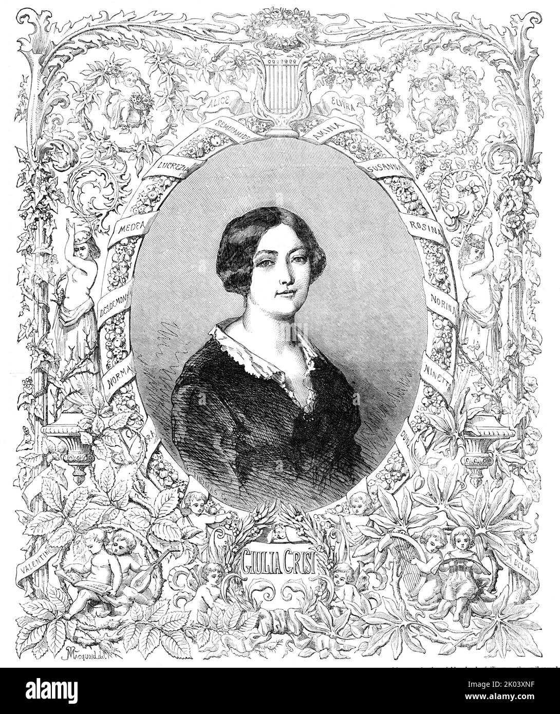 Giulia Grisi, 1854. Portrait of Italian opera singer Giulia Grisi: '...an admirable likeness...from a miniature painted by Fran&#xe7;ois Meuret. The enclosing characteristic bordure, emblematic of Madame Grisi's lyric triumphs, has been designed for our Journal, I by T. R. Macquoid'. From &quot;Illustrated London News&quot;, 1854. Stock Photo