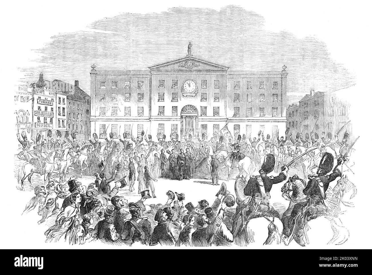 The Scots Greys leaving Nottingham for the War in the East, 1854. British troops leaving for the Crimean War: 'The Mayor...having arranged to bid the troops a public farewell...the Corporation assembled at the Exchange...The streets were lined with spectators, eager to pay the tribute of respect and good wishes to the brave fellows...The ancient &quot;loving- cup&quot; of the Corporation was then produced, and having been filled with wine, the Mayor (J. Reckless, Esq) addressed the Colonel and his officers, intimating the public sense of the good conduct of the regiment, and proposing the heal Stock Photo