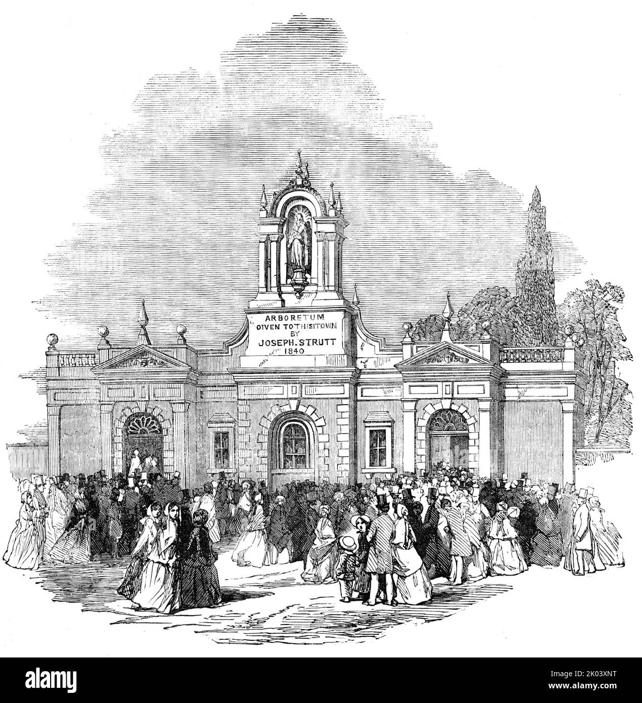 Anniversary Fete at the Arboretum, Derby - The Entrance Gateway, 1854. Crowds visit public gardens in Derbyshire. '...thousands upon thousands of the labouring classes, from the busy hives of Birmingham, Burton, Sheffield, Leicester, and Nottingham, poured into Derby, to commemorate the opening of the Arboretum, presented to the people by their constant friend and generous benefactor, the late Joseph Strutt [a cotton mill owner]'. The grounds were laid out by John Claudius Loudon, 'the distinguished landscape gardener...[Strutt had stipulated] &quot;That the Arboretum shall be open to all clas Stock Photo