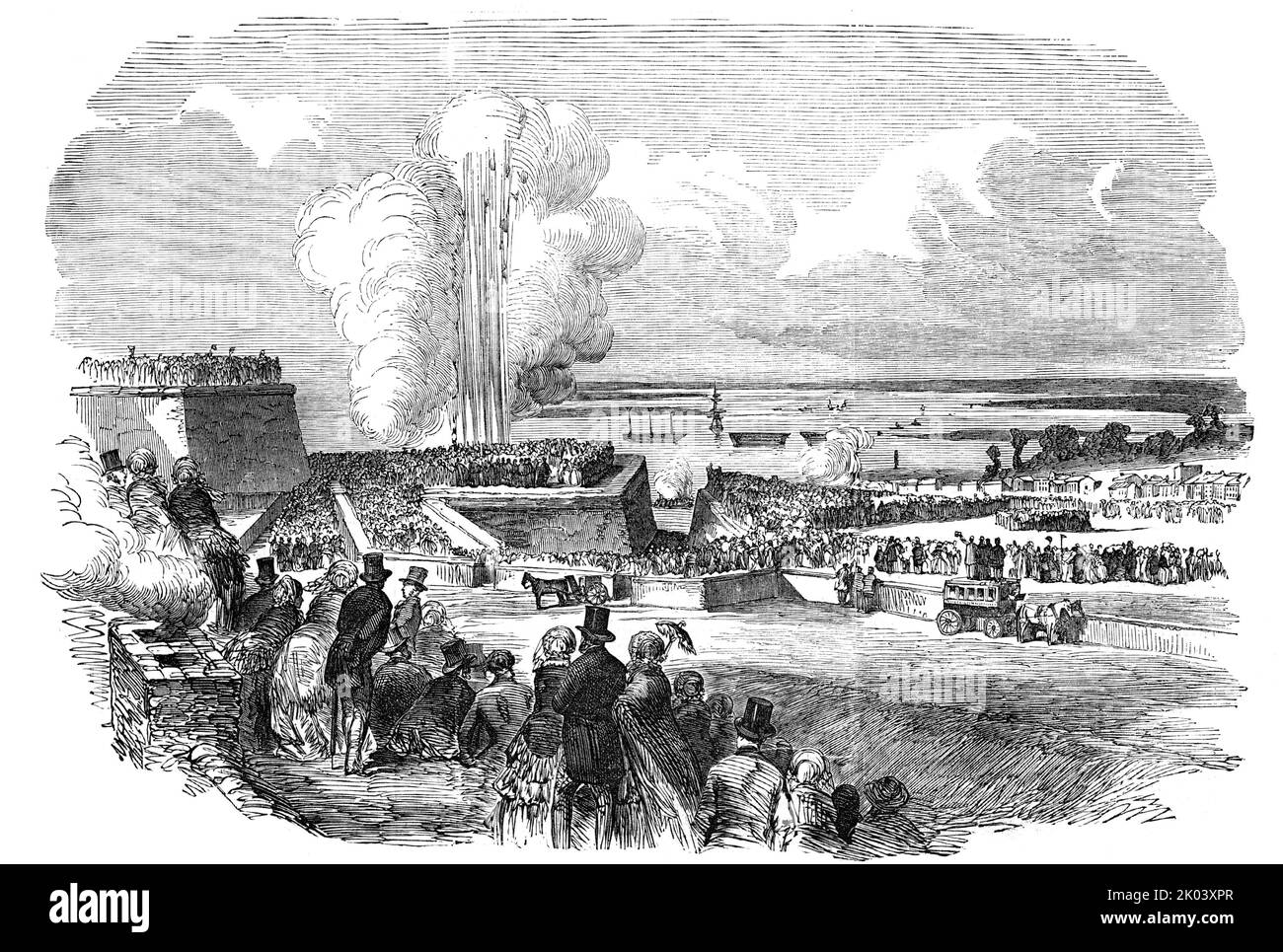 Siege Operations at Chatham - Springing a Mine, 1854. Military exercises in Kent, attended by Prince Albert. 'A column of the 34th then advanced from Gillingham Tower under a heavy fire from the 32 pounders in the battery. The Artillery and Marines occupying the battery ultimately retired after destroying it by mines, which exploded most effectually, blowing some guns off their carriages, and covering others with the earth thrown up. A stockade and several mines were then blown up by a voltaic battery. The defence of ditches of a fortified place against an assault by rockets, forgasses, hand-g Stock Photo