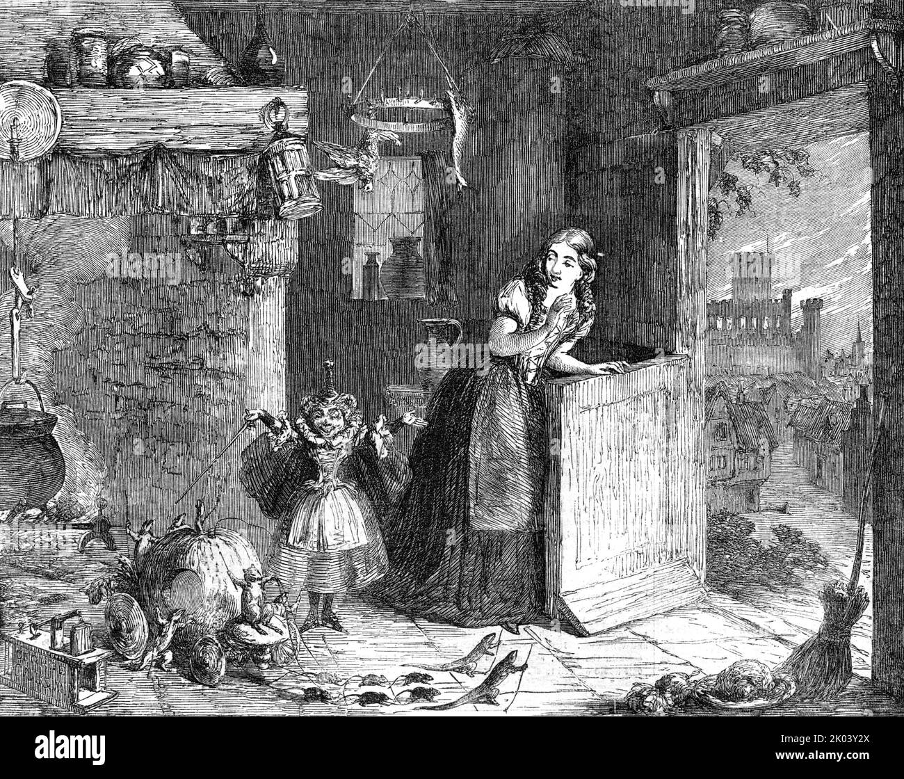 &quot;Cinderella&quot; - painted by George Cruikshank - from the Exhibitionn of the Royal Academy, 1854. 'The admirers of Mr Cruikshank - and he has many, and none warmer than ourselves, have been pleased to see of late that, he has chosen to dwell in fairy land - that he prefers Queen Mab and Cinderella, to Bond-street dandies and the follies of the day. It would be difficult indeed to find a fitter artist to introduce to the Fairy Queen: he really seems to revel in tiny circles, and on mushroom tops, with a Puck-like vivacity and good-will. We engrave a recent instance of his  skill in embod Stock Photo