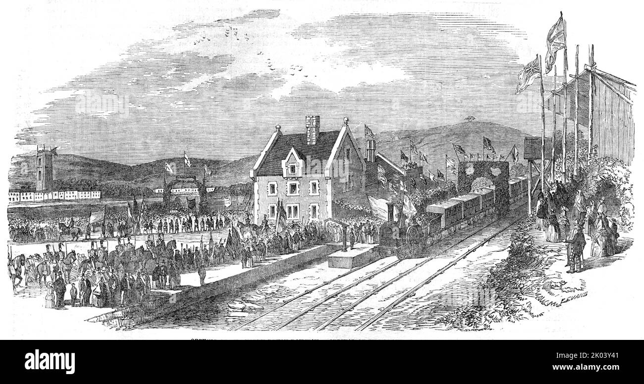 Opening of the North Devon Railway - Arrival of the Train at Barnstaple, 1854. 'The opening of a further portion of this Railway will, doubtless, be fully appreciated by tourists in search of the picturesque, during the present season. The line follows the valley of the Taw, and will be of the greatest value to a large agricultural district, both for the conveyance of manures and farm produce; at the same time it will open to the tourist an easy access to the delightful scenery...of the north coast...Upon the arrival of the train at the Barnstaple Station, a congratulatory address was read by Stock Photo