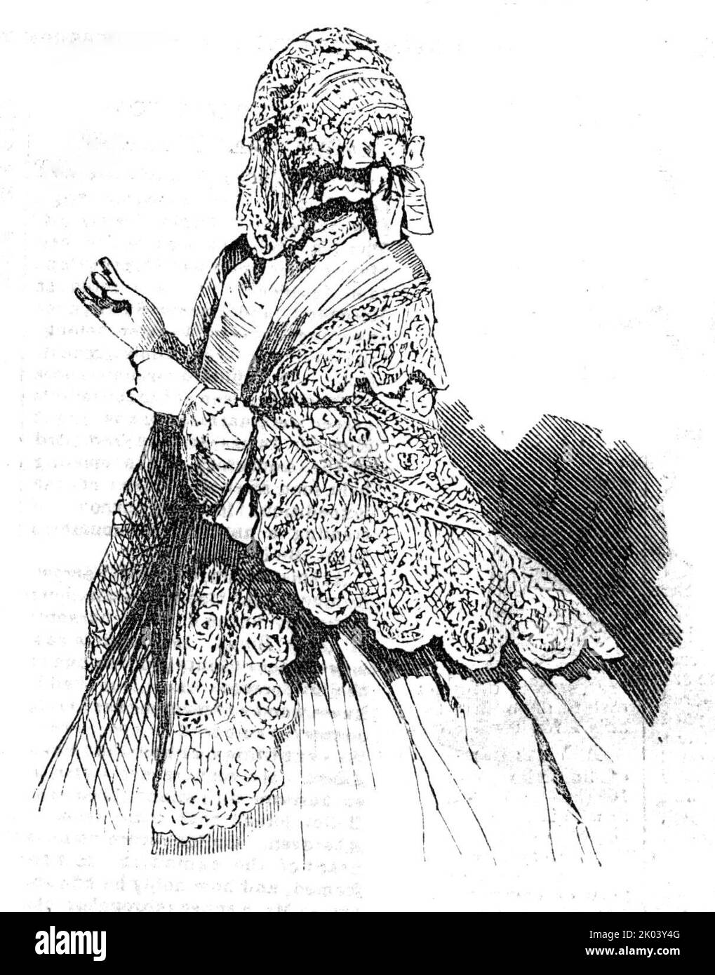 Paris Fashions for August, 1854. 'Bonnet of paille lustr&#xe9;e &#xe0; bande, alternated with ribbons; bunch of flowers on each side; the rim trimmed with white lace, and the same flowers on the inside of the bonnet. Lie-down collar of Malines lace; frock of plain grenadine, with body &#xe0; la vierge. Lace mantelet, with flounces mounted upon a lace-covered ribbon. The upper part of the mantelet is also ornamented with a flounce turned over, mounted in the same way, but upon narrower lace'. From &quot;Illustrated London News&quot;, 1854. Stock Photo