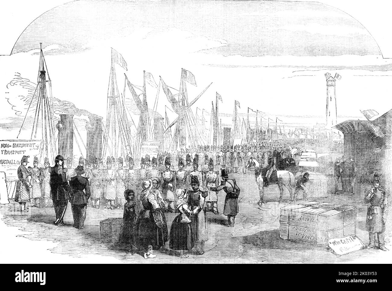Embarkation of French Troops in English Vessels, at Calais, for the Baltic, 1854. Soldiers leaving France to fight in the Crimean War. 'At a very early hour on Saturday morning the troops were astir, breaking up their encampment and preparing to go on board. General Baraguey d'Hilliers arrived at the quay before eight o'clock, and conversed for some time with Captain Lefebvre, R.N., of her Majesty's steamer Dasher, to whom the arrangements for embarking the troops by means of a fleet of steamers, had been entrusted...This large fleet of steam-ships had been engaged with the object of precludin Stock Photo