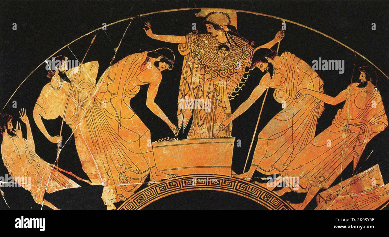 Athena presides over the voting for the award of the arms of Achilles, c. 490 BC. Found in the collection of the Art History Museum, Vienne. Stock Photo