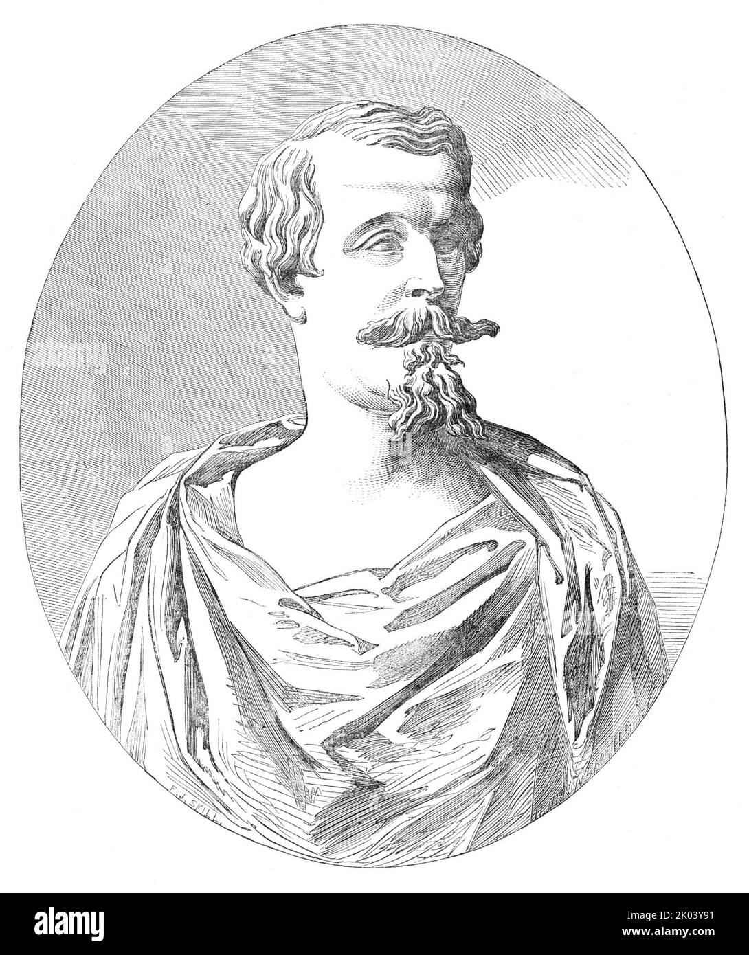 Mr. Park's bust of the Emperor of the French, 1854. Portrait of Napoleon Bonaparte III: 'The bust is of heroic proportions, and heroic in treatment. The likeness is unmistakeable and unexceptionable: the remarkable form of the forehead, in which the central organs are so prominent and closely knit...the finely shaped nose; and the compression of the muscles around the mouth, itself concealed by a moustache...every feature has been carefully studied and realised with admirable discrimination'. From &quot;Illustrated London News&quot;, 1854. Stock Photo