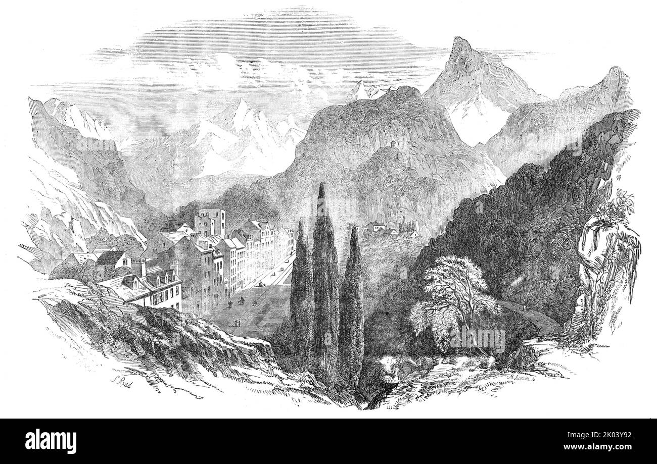 Eaux Bonnes, Pyrenees, 1854. Town in southern France. 'Through a drenching rain and an encircling fog...we pursued our way rapidly, and just as we emerged from amongst the cliffs, the rain abated, the mist rose, and we beheld before us the pleasantly-wooded valley of the Eux [sic] Bonnes, lying in a nook between encircling mountains, and giving its visitors a full view of the Peak of Pau. As we, however, paid our visit in the month of January, we found about twenty hotels of great dimensions entirely at our disposal...we were told we might sleep in any bed-room we chose: but being shown, at fi Stock Photo