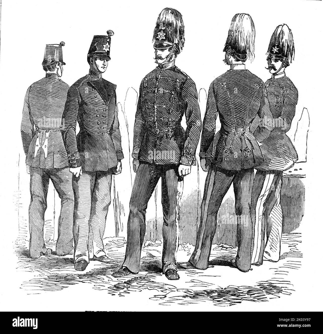 The new uniforms for the Light Infantry and Cavalry, 1854. '...the Light Infantry regiments are to wear a shako, light in construction to the one now in use, and more graceful. The small ball, the substitute for the feather, will be retained, and the number of the regiment will be conspicuously displayed in front. The coat will be a tunic or short frock, scarlet in colour, and double breasted. The collar will be low and open, with embroidered gold lace in crowns and stars, denoting the rank of the officer...The new Infantry design is from an English house, Messrs. Moore and Co., of James's str Stock Photo