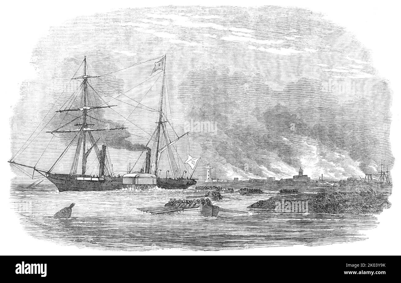 Destruction of Sulineh, at the Mouth of the Danube, 1854. Crimean War: Royal Navy ships destroy a Romanian town under Russian control. '[HMS] Spitfire was sent on to the blockading squadron off the Danube, and arrived there with despatches [which]...contained orders for the entire destruction of the small town on the right bank of the Sulineh branch....She anchored in the river abreast of the town, having, when entering, fired shot and shell to apprise the Cossacks of her approach, and to give protection to the boats. However, the enemy was not to be seen; they evidently evacuated the place on Stock Photo