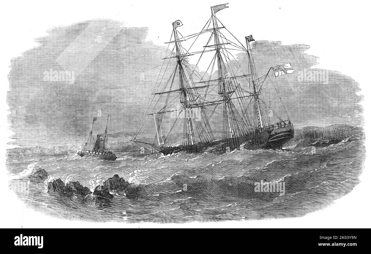 &quot;The Cataragui&quot;, coming down the Galop Rapids above Montreal, Canada, 1854. 'Among the many enterprises now on foot in the province of Canada, ship-building may be reckoned one of the most important...it is only lately that sea-going vessels have been built on the great lakes...[we record] the arrival in the Thames [in London] of a fine barque, of upwards of 800 tons, built at Kingston, on Lake Ontario, and brought through the dangerous rapids and rocky bed of the St. Lawrence with safety to the sea. The Cataragui is the largest vessel ever built on the fresh waters of Upper Canada: Stock Photo
