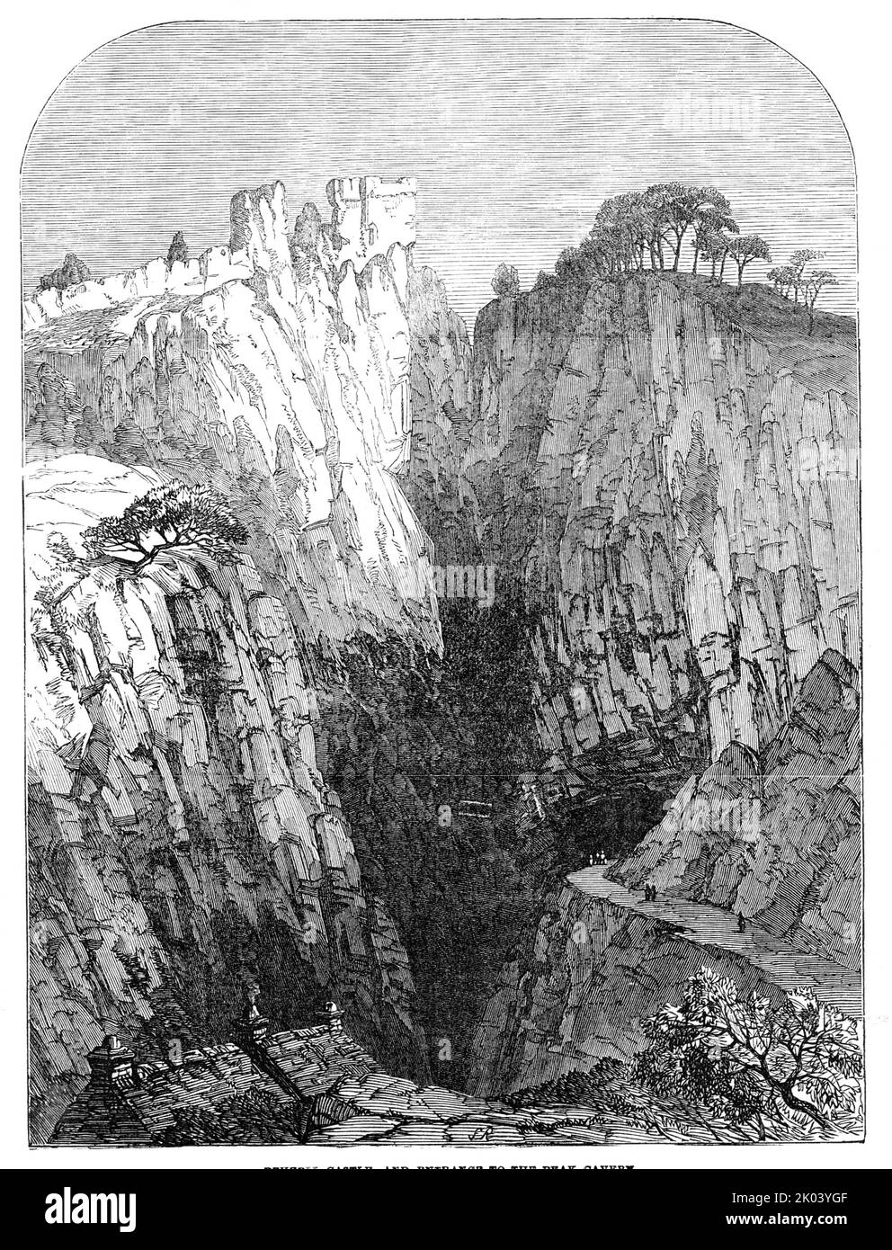 Peveril Castle, and entrance to the Peak Cavern, 1854. Dramatic scenery in Derbyshire. 'The Duke of Devonshire is the present Constable of the Peak Castle. The name of &quot;Peveril of the Peak&quot; is no longer in use...Peveril Castle stands on a high rock, overlooking the village of Castleton...A better position for a fortress it is hard to conceive, all its sides being impregnable but one, and that is so steep as to have rendered a winding path necessary to aid the ascent. The castle yard is very extensive, and is enclosed by a wall, in part destroyed, and overgrown with ivy...The entrance Stock Photo