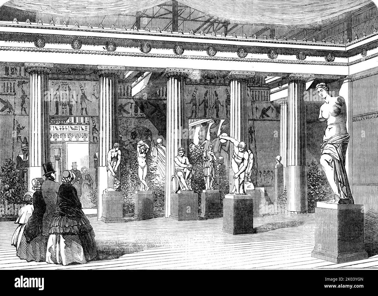 The Greek Court, at the Crystal Palace, 1854. Replicas of Ancient Greek sculptures in south London: Discobolus and Venus de Milo. 'The principal Greek statues and bas-reliefs are contained within the Greek Courts..The order is Grecian Doric; the proportions have been copied from the temple of Jupiter at Nemea, which are less massive than Doric buildings usually are. The centre and larger entrance leads into the principal Greek Court...It is square, and, being surrounded by porticoes, resembles a Greek agora, or place of public assembly, the forum, or market-place of the Romans'. From &quot;Ill Stock Photo