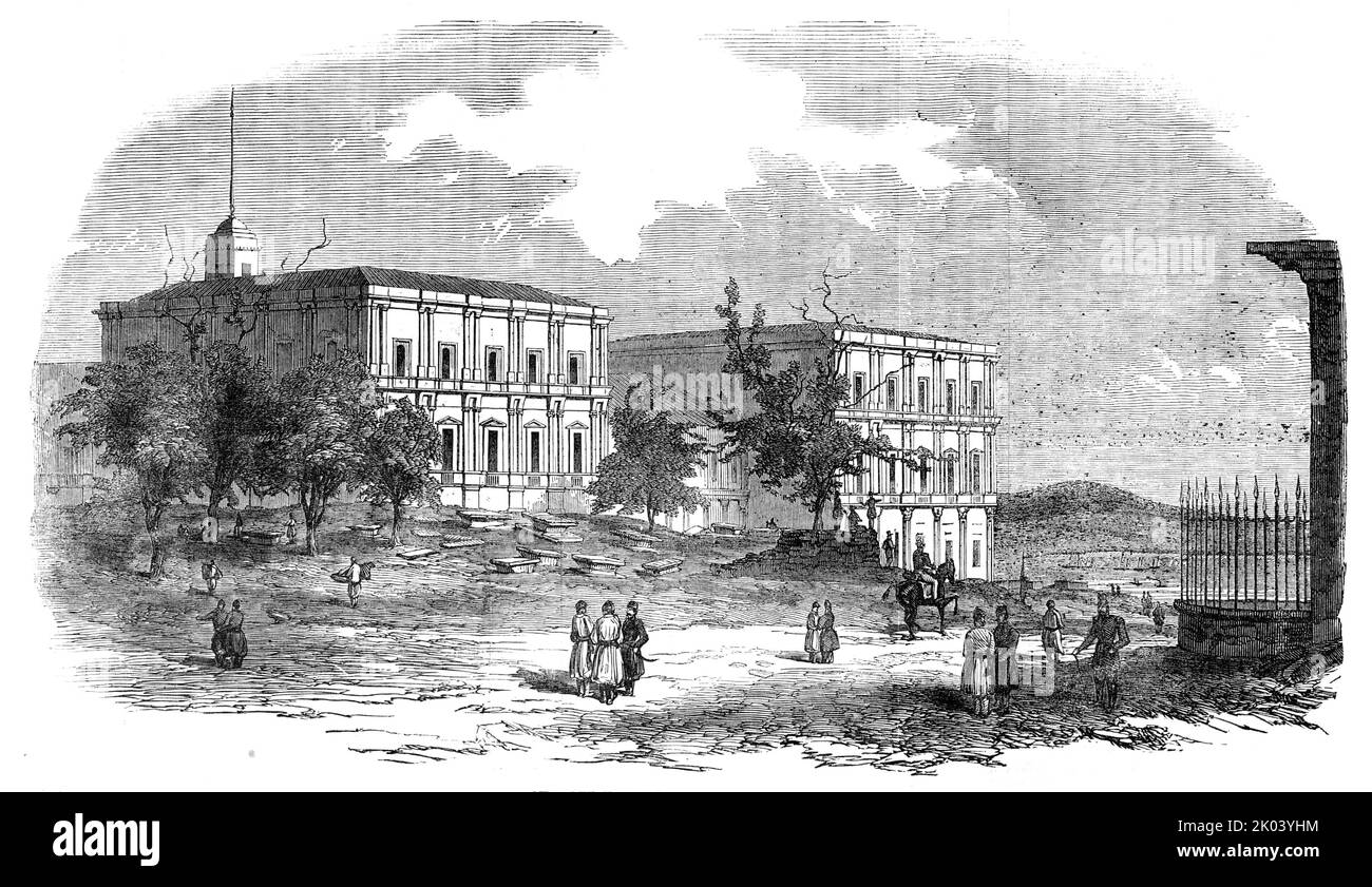 The French Military Barracks, outside Pera, 1854. Army quarters in Turkey during the Crimean War. 'This fine building was erected for a medical school, and was used as such until recently, when the Turks have permitted the French to use it as a Military Hospital. It is finely situated on the top of Dolmabagdsche-hill, and commands a splendid prospect of the Golden Horn...You can also see up the Bosphorus a considerable distance. The burying-gronnd at the back of it is an Armenian one ; but no one need fear its proximity, for, although travelers talk about the thick mist which hangs over the bu Stock Photo