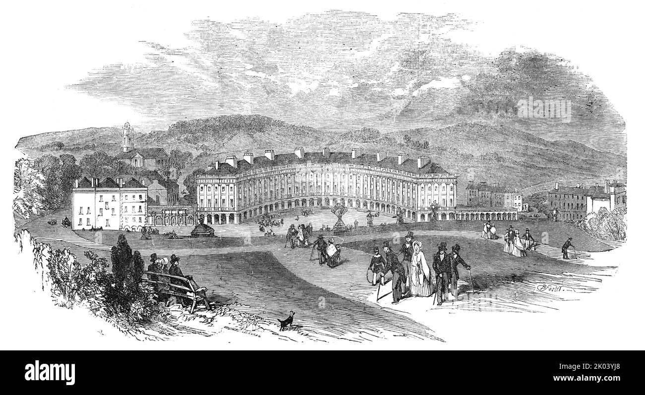 Buxton - The Crescent, New Baths, etc, 1854. Derbyshire spa town: '...one of the most celebrated watering-places in England for the cure of gout and rheumatism...The first great thing which the Devonshire family did for Buxton, and which has more than anything else contributed to its prosperity, was the erection of the Crescent - a piece of architecture which, for elegance and simplicity of structure, is unsurpassed...The Crescent was built by the late Duke, after a design by Mr. Carr, a well-known provincial architect, during the year 1789...This building is divided into one hotel (St. Anne's Stock Photo