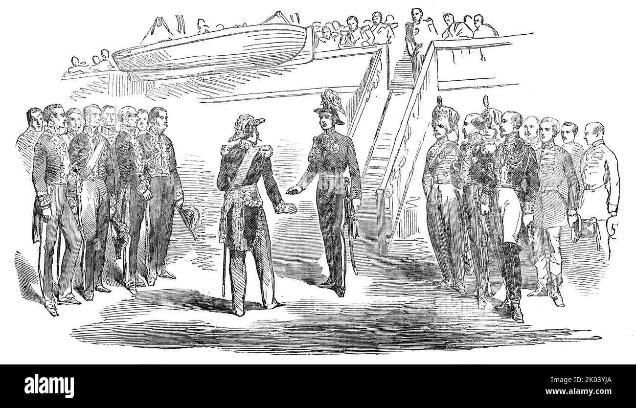 The Meeting of His Royal Highness Prince Albert and the Emperor of the French, at Boulogne, 1854. Napoleon Bonaparte III welcomes Prince Albert to France. 'Prince Albert, recognising the Emperor, took off his hat and saluted his Majesty, who most gracefully returned the compliment...As soon as the gangway was made, his Royal Highness stepped hastily ashore, the Emperor advancing to the foot of the gangway to meet him. A most cordial shake of the hand was exchanged...The Prince was looking remarkably well, and wore the uniform of a Field Marshal...The Royal yacht was an object of vast interest Stock Photo