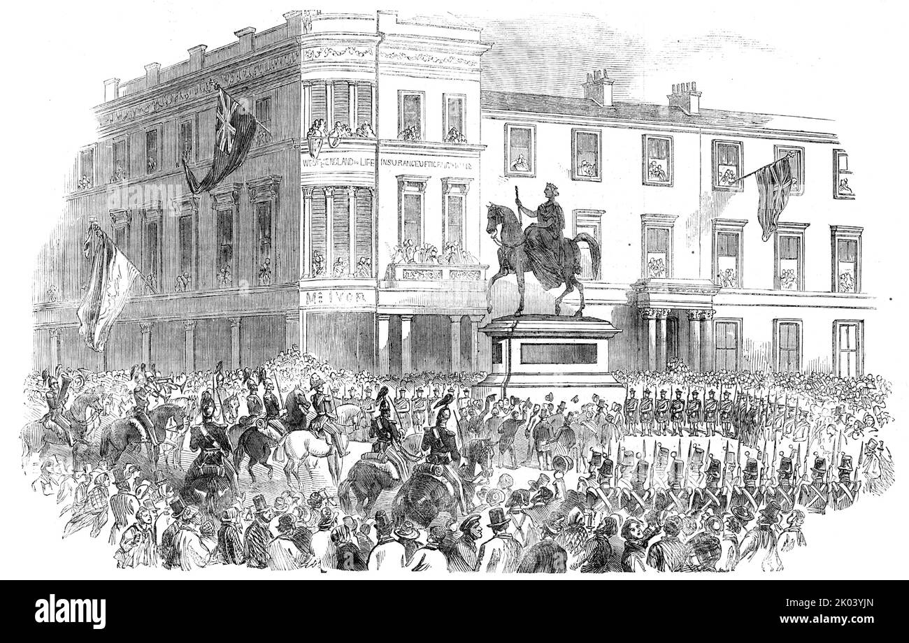 Inauguration of Marochetti's Statue of Her Majesty, at Glasgow, 1854. Unveiling of a bronze equestrian sculpture of Queen Victoria in St Vincent Place. 'The value of such ornamental works in improving taste and elevating the minds of the people was universally felt and acknowledged...the covering was removed, and the Statue...presented to the thousands assembled, who testified their admiration of the noble work of art by loud and reiterated cheers. The band of the Queen's Own and the Veteran Battalion then struck up the National Anthem, which was performed amidst the waving of hats and handker Stock Photo