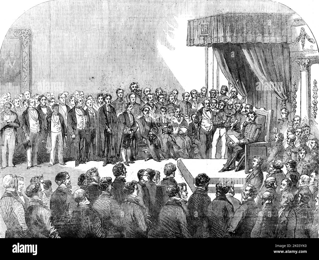 Opening of the First Cape Parliament, in the State-Room, Cape Town, 1854. Ceremony in at Government House - Charles Henry Darling, Lieutenant-Governor of the Cape Colony (in what is now South Africa), makes his maiden speech to the colonial parliament.. '...the Legislative Council, headed by their President, Sir John Wylde, in his robes, arrived and took their seats, when the Castle guns announced the approach of the Lieutenant-Governor. [His speech] certainly bore a much stronger resemblance to an American President's Message than it did to a Queen's Speech...the Lieutenant Governor adverted Stock Photo
