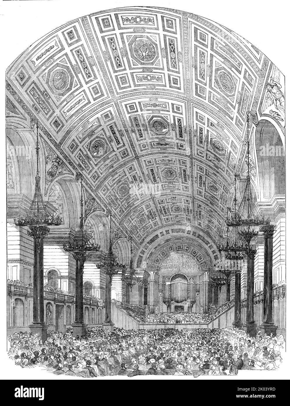 Interior of St. George's Hall, Liverpool, from the South - Performance of the First Oratorio, 1854. Inauguration of building designed by Harvey Lonsdale Elmes. 'The edifice contains not only the great hall for festivals and public assemblies, but, the courts of law, and various apartments for municipal and other purposes. The great hall is 168 feet long, 100 feet wide, and 85 feet high. The ceiling is a semicircular arch...extending over the whole length of the hall. Galleries run along the two east and west sides; and, along both the length and breadth of the hall, there is a range of noble C Stock Photo