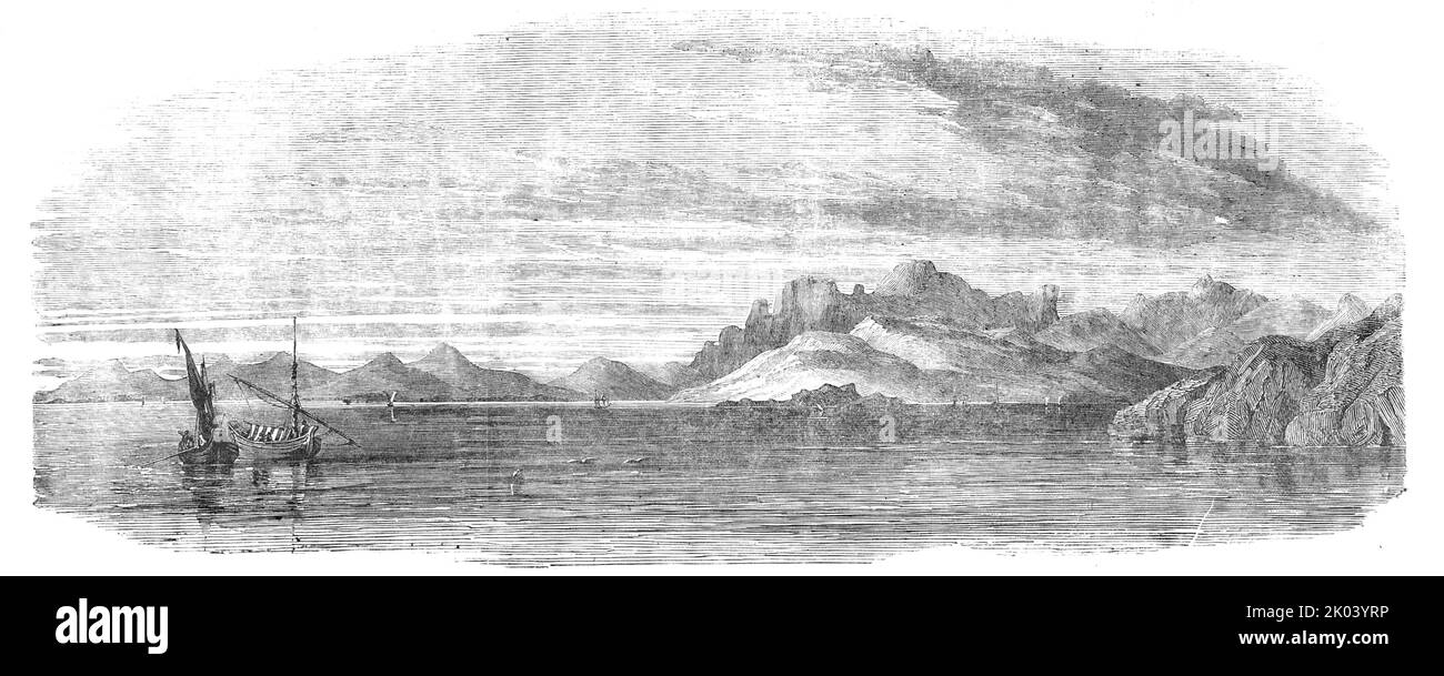 Kaffa Bay, 1854. Sketch by Lieutenant C. E. Gordon, Royal Engineers. 'The coast of the Crimea, as the scene of the operations of the Anglo-French troops [during the Crimean War], is at this moment a country of paramount interest. The Bay of Kaffa is one of the places reported as chosen for landing...A low sandy shore forms part of this bay, on the western side of which the town of Theodosia or Kaffa is built...Hagemeister, in his report on the Crimea, published in 1836, says, &quot;The bay formed by the Black Sea at Theodosia is capable of giving shelter to a vast number of vessels, and is she Stock Photo