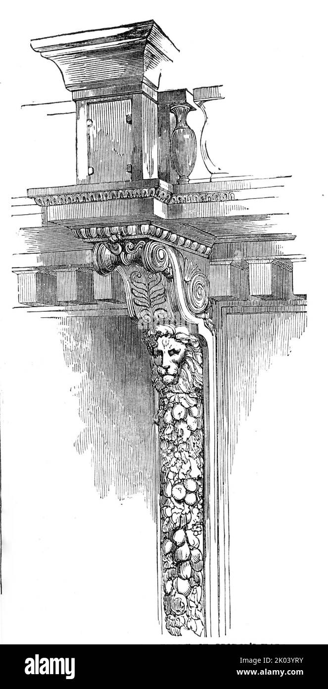 Truss Supporting the Gallery, St. George's Hall, Liverpool, 1854. '...one of the really chaste trusses which support the galleries. They are of stone, very elaborately carved. The pendants from the lion's head are not alike - some having a long cluster of oak leaves, kept together by crossed bands; others having fruit and flowers...'. Building designed by Harvey Lonsdale Elmes. From &quot;Illustrated London News&quot;, 1854. Stock Photo