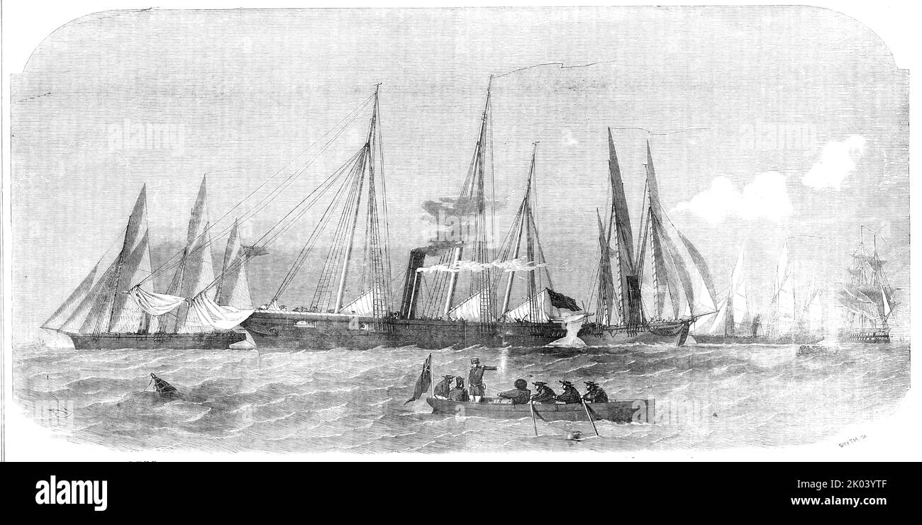 Her Majesty's Despatch Gun-Boats, 1854. Crimean War: Royal Navy ships Lynx, Beagle, Arrow and Viper en route for the Black Sea. 'The boats composed of this little fleet may be looked upon as by far the most perfect and effective class of vessels ever furnished for the purposes for which they are intended. [They] have been built jointly by the eminent firm of Messrs. Green and Messrs. Mare, of Blackwall, and in their construction the builders have most conscientiously carried out the excellent designs furnished by the Admiralty...both in appearance and speed, they have exceeded the fullest anti Stock Photo
