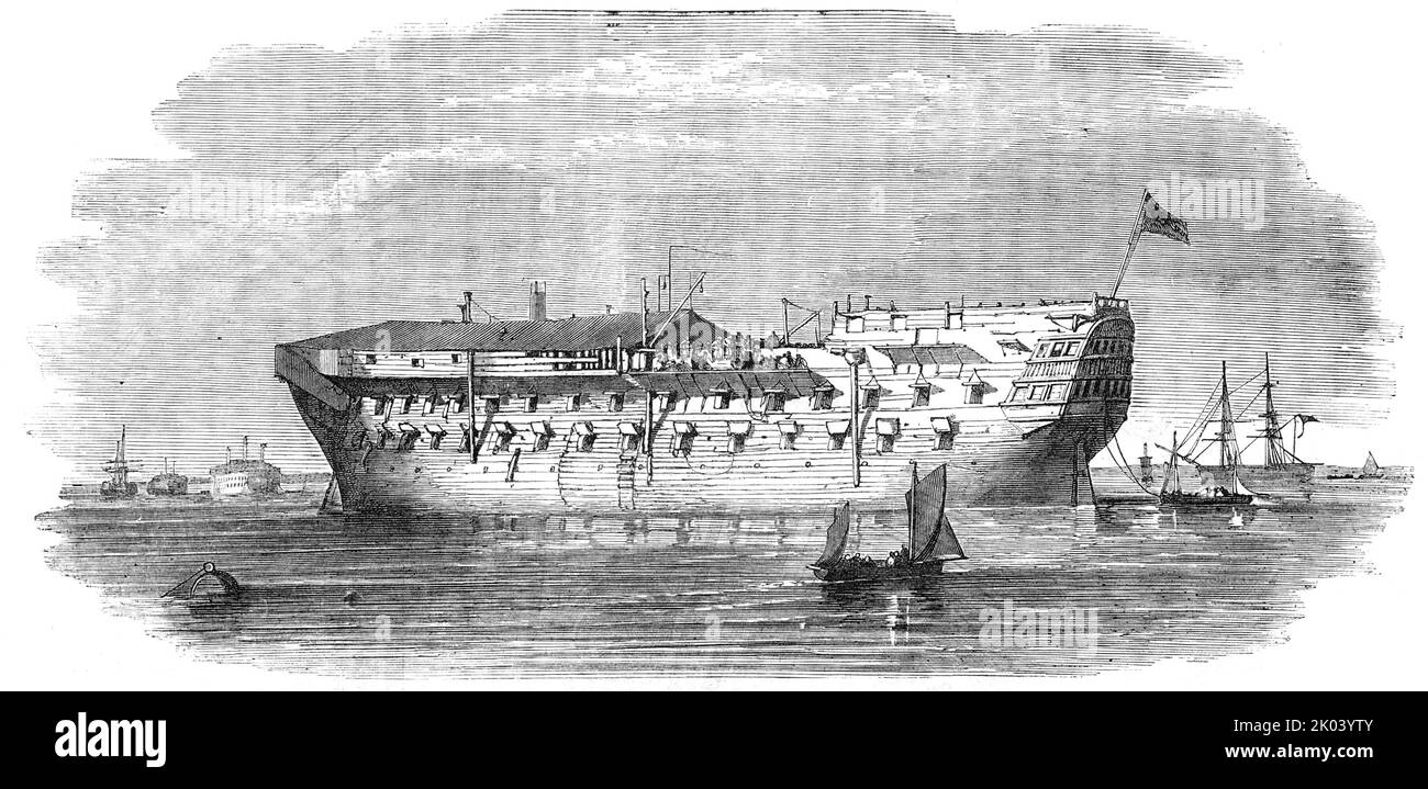 &quot;The Devonshire&quot; Prison-ship, at Sheerness, 1854. Prisoners of war held on prison hulks on the River Medway in Kent. 'The Emperor of Russia does not grant them any pay while they are prisoners of war, nor allow them to return home on parole of honour not to serve. A return (officially) has been called for and made, specifying the names and rank of all the officers and cadets, and the number of soldiers, stating the several companies to which they belonged when taken from Bomarsund, for the purpose of removing them from those receiving-ships into other prisons. Lewes gaol and Milbay p Stock Photo