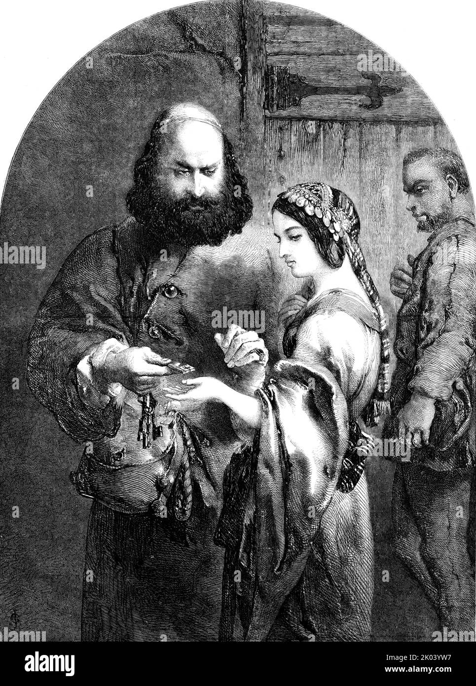 &quot;Shylock and Jessica&quot; - drawn by John Gilbert, 1854. 'Mr. Gilbert has selected for Illustration a scene from Shakspeare's charming; play of &quot;The Merchant of Venice.&quot; It represents one of the milder incidents of the Jew's suspicions...The scene presented the artist with an opportunity for the display of the striking costume of the drama, of which he has gracefully availed himself. The Jew wears &quot;his Jewish gaberdine;&quot; the maiden wears in her hair sequins; the impersonation realises Mr. Knight's characteristic of her - &quot;young, agreeable, intelligent, formed for Stock Photo