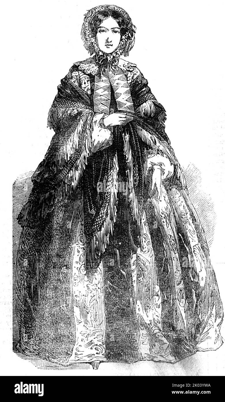 Paris Fashions for October, 1854. 'White Crape and Blonde Bonnets, with pink feather-flowers underneath, which are very becoming to the complexion. Grenadine shawl, with Scotch border and fringe. Dress with large plain dark stripes - a pattern woven in the light stripe of the same colour, and composed of detached bouquets, or of a long wreath. The dark colours most worn are chestnut, which is very fashionable, as are also violet, green, and black'. From &quot;Illustrated London News&quot;, 1854. Stock Photo