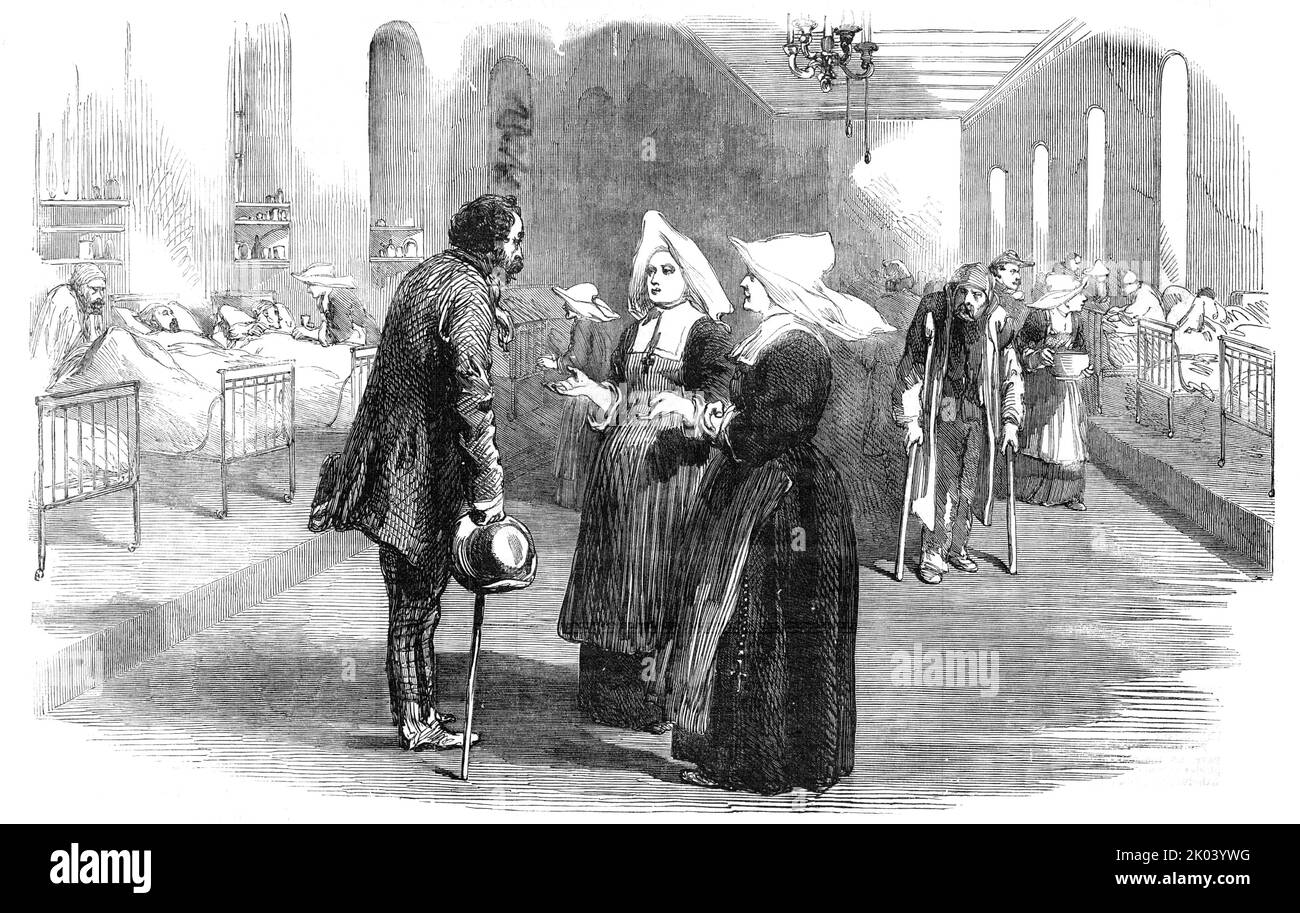 Sisters of Charity (St. Benoit), in the new Hospital, at Pera, 1854. French nuns nursing soldiers during the Crimean War, at Istanbul. 'In the hospital at Pera, there are four of the Sisters, who as soon as they heard that cholera had set in, offered their services...The hospital in which the Sisters are thus engaged is a building erected near the Champ des Morts...2000 men may be received in the magnificent wards...The corridors are so large, and so well lighted, that comfortable wards could be made of them, if required, and then 2000 more might be accommodated...The Sisters not only go, at a Stock Photo