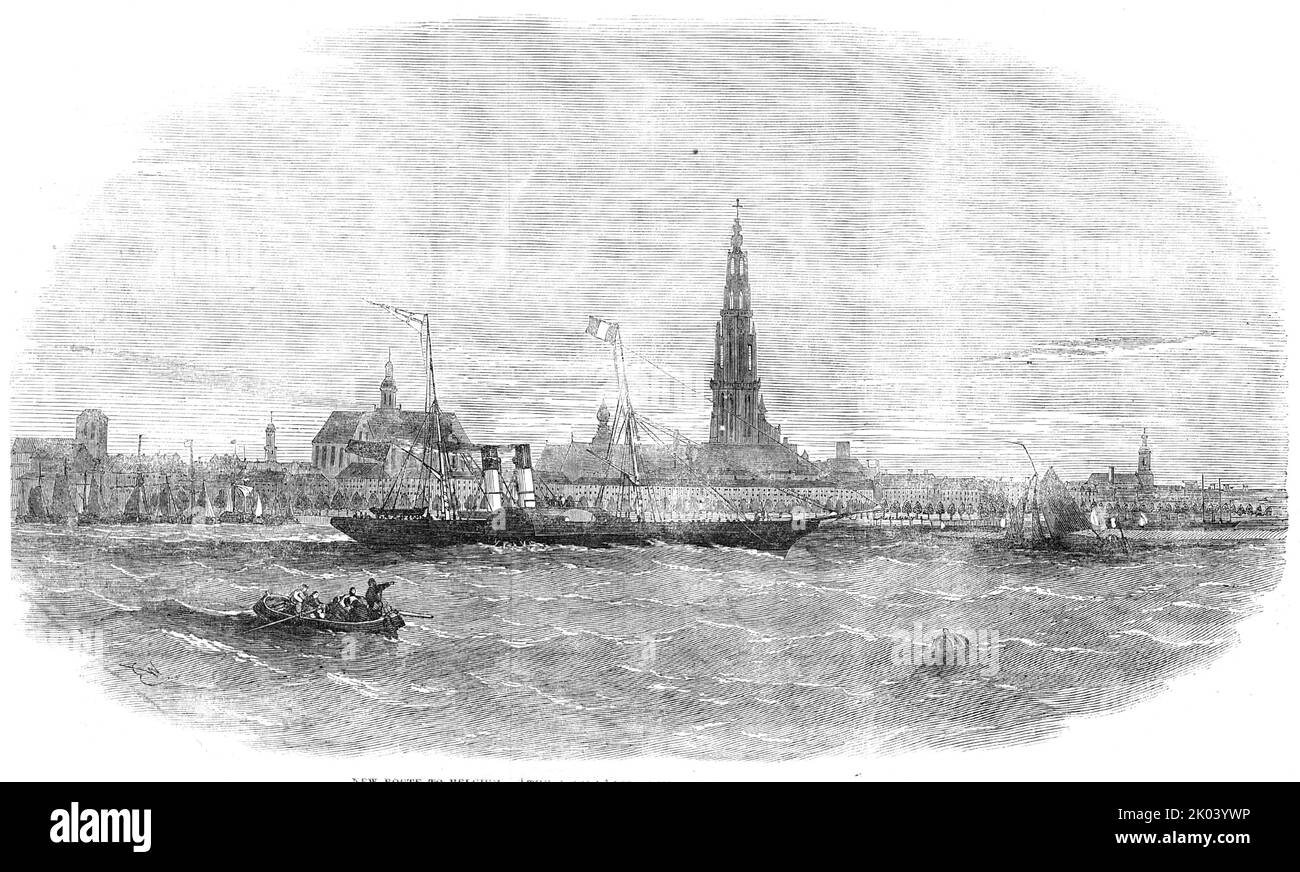New Route to Belgium - &quot;The Aquila&quot; Steam-ship leaving Antwerp, 1854. Ship built by Henderson of Glasgow, with engines by McNab of Greenock. 'By adopting the Harwich route, the North of Europe Steam Navigation Company proposed to realise the following results: first, the avoidance of the long and tedious passage up and down the Thames; second, the increase and development of the local traffic between the Eastern Counties and Belgium; third, the accomplishment of the journey in twelve hours; thus effecting a saving...of some eight or ten hours; and, lastly, the establishment of the ne Stock Photo