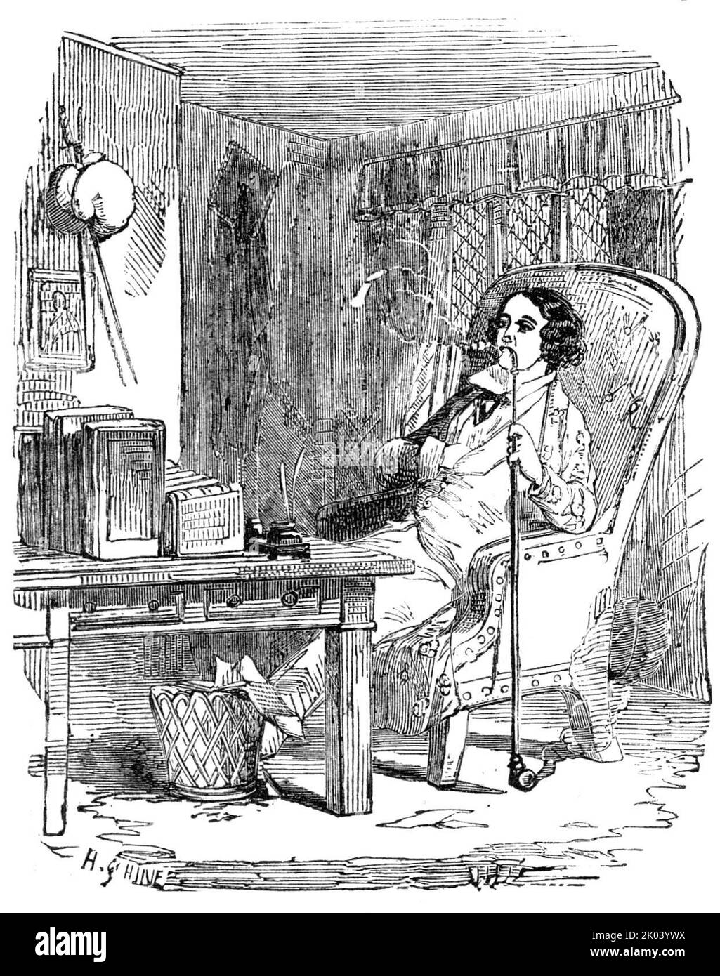 Illustration from &quot;A Long-Vacation Vigil&quot; by Cuthbert Bede, B.A., 1854. Young man smoking a very long pipe. 'I had been anxiously looking forward to the Long Vacation, for the end of it would see me going in for my degree...I went so far as to unpack my books and lay them upon my study-table; but the exertion seemed to exercise a weakening effect upon me'. From &quot;Illustrated London News&quot;, 1854. Stock Photo